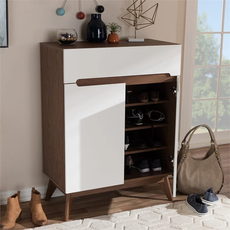 Baxton Studio Calypso Storage Shoe Cabinet In White And Walnut 2 Baxton Studio Calypso Storage Shoe Cabinet In White And Walnut - Image 2