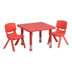 Bowery Hill 3 Piece Plastic/Steel Square Adjustable Activity Table Set In Red
