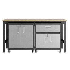 Manhattan Comfort Fortress 3-Piece Metal Mobile Garage Cabinet Set In Gray