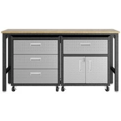 Manhattan Comfort Fortress 3-Piece Wood/Metal Worktable & Garage Cabinet In Gray