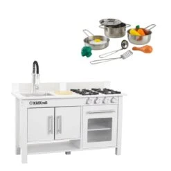 KidKraft Complete Modern Kids Play Kitchen Set With Toy Cookware Set In White