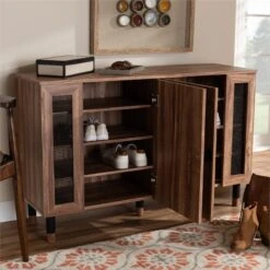 Baxton Studio Valina 2-Door Wood Shoe Cabinet With Screen Inserts In Oak-Black -Cymax Sales 1935342 7 L