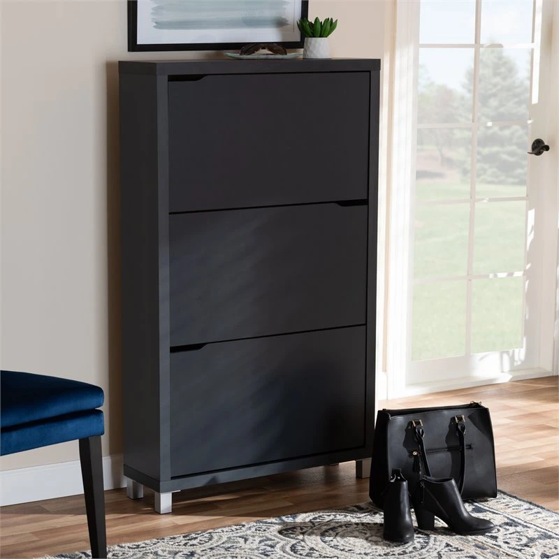 Baxton Studio Simms Contemporary Wood 3 Pull-out Shelf Shoe Cabinet In Dark Gray 7 Baxton Studio Simms Contemporary Wood 3 Pull-out Shelf Shoe Cabinet In Dark Gray - Image 7