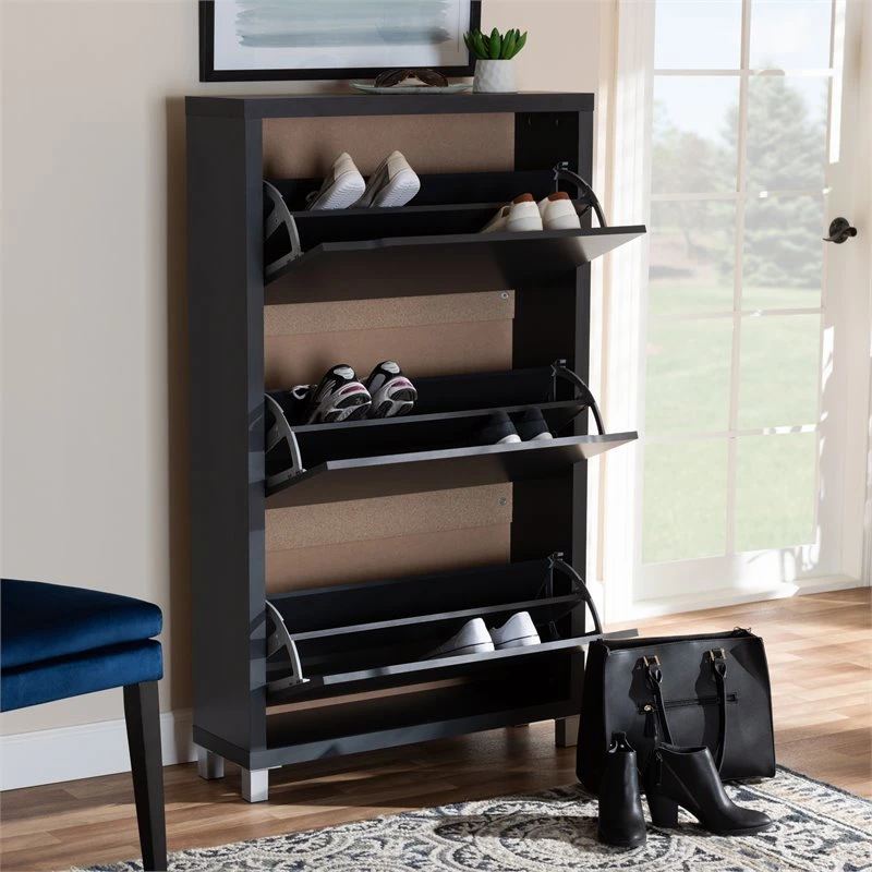 Baxton Studio Simms Contemporary Wood 3 Pull-out Shelf Shoe Cabinet In Dark Gray 8 Baxton Studio Simms Contemporary Wood 3 Pull-out Shelf Shoe Cabinet In Dark Gray - Image 8