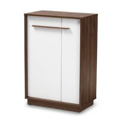 Baxton Studio Mid-Century Mette Wood Shoe Cabinet In White And Walnut