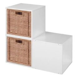 Niche Cubo Storage Set - 3 Cubes And 2 Wicker Baskets- White Wood Grain/Natural -Cymax Sales 1966983 9 L