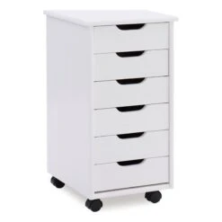Linon Callie Six Drawer Wood Rolling Storage Cart In White Wash