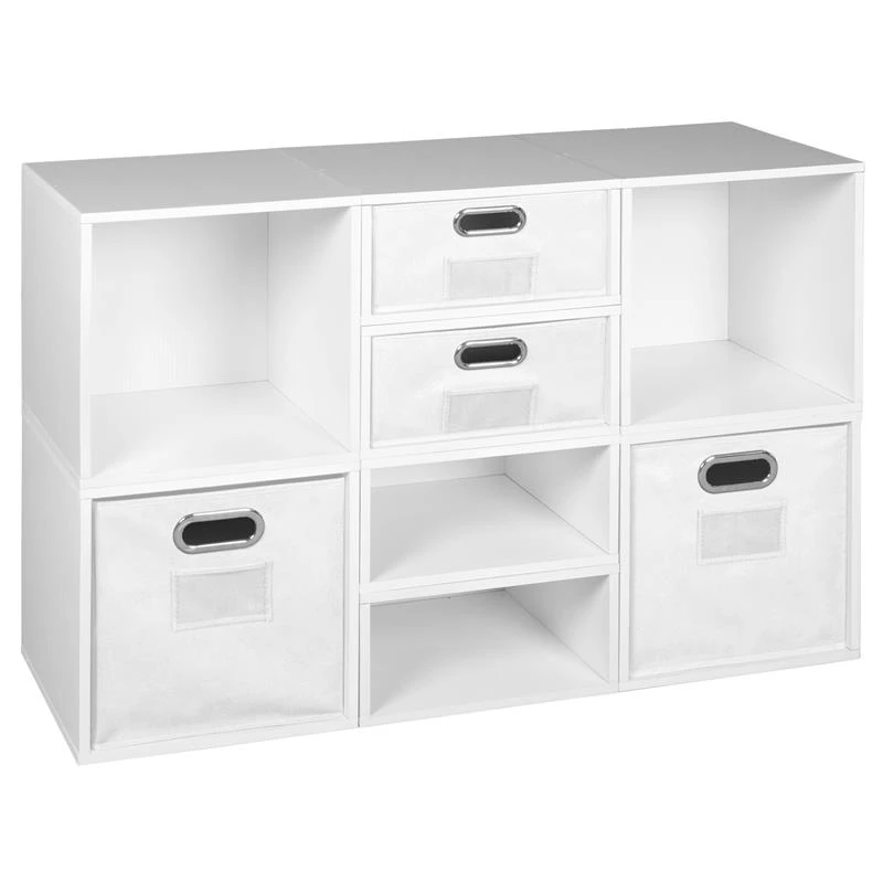 Niche Cubo Set- 4 Full/4 Half Cubes W/ Foldable Bins- White Wood Grain/White 1 Niche Cubo Set- 4 Full/4 Half Cubes W/ Foldable Bins- White Wood Grain/White
