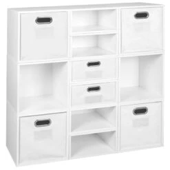 Niche Cubo Set- 6 Full/6 Half Cubes W/ Foldable Bins- White Wood Grain/White