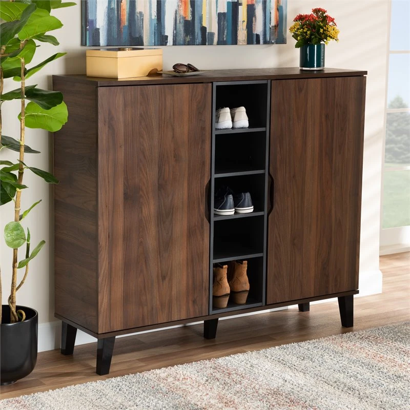 Baxton Studio Two-Tone Walnut Brown And Grey Finished Wood 2-Door Shoe Cabinet 8 Baxton Studio Two-Tone Walnut Brown And Grey Finished Wood 2-Door Shoe Cabinet - Image 8