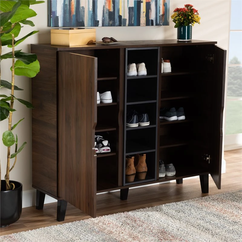 Baxton Studio Two-Tone Walnut Brown And Grey Finished Wood 2-Door Shoe Cabinet 9 Baxton Studio Two-Tone Walnut Brown And Grey Finished Wood 2-Door Shoe Cabinet - Image 9