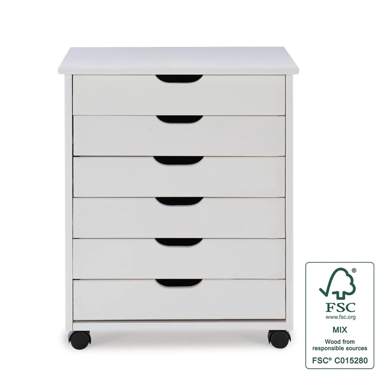 Riverbay Furniture Six Drawer Wide Wood Rolling Cart In White Wash 12 Riverbay Furniture Six Drawer Wide Wood Rolling Cart In White Wash - Image 12