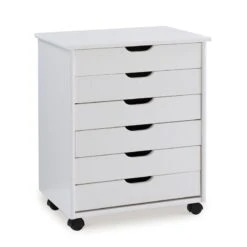 Riverbay Furniture Six Drawer Wide Wood Rolling Cart In White Wash