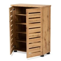 Baxton Studio Adalwin Oak Brown Finished Wood 2-Door Shoe Storage Cabinet -Cymax Sales 2258719 2 L