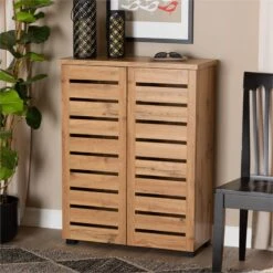 Baxton Studio Adalwin Oak Brown Finished Wood 2-Door Shoe Storage Cabinet -Cymax Sales 2258719 7 L