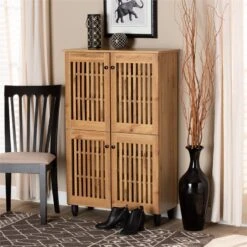 Baxton Studio Fernanda Oak Brown Finished Wood 4-Door Shoe Storage Cabinet -Cymax Sales 2277856 7 L