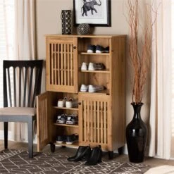 Baxton Studio Fernanda Oak Brown Finished Wood 4-Door Shoe Storage Cabinet -Cymax Sales 2277856 8 L