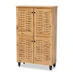Baxton Studio Winda Oak Brown Finished Wood 4-Door Shoe Storage Cabinet