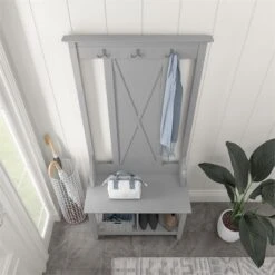 Key West Hall Tree With Shoe Storage Bench In Pure White Oak - Engineered Wood -Cymax Sales 2307828 5 L