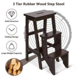 Costway 3-tier Contemporary Rubber Wood Portable Folding Step Stool In Coffee -Cymax Sales 2314476 6 L