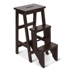 Costway 3-tier Contemporary Rubber Wood Portable Folding Step Stool In Coffee
