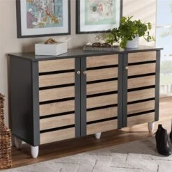 Bowery Hill Two-Tone Oak Wood 2-Door Shoe Cabinet In Dark Gray -Cymax Sales 2366944 5 L