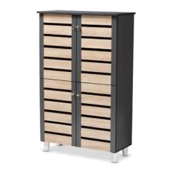 Bowery Hill Two-Tone Oak Wood 2-Door Shoe Cabinet In Dark Gray -Cymax Sales 2366945 L