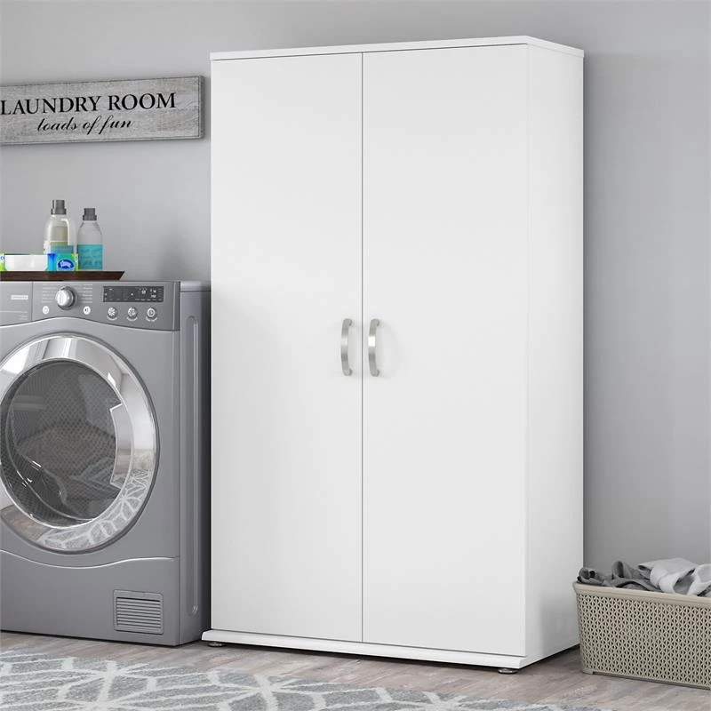 Universal Tall Linen Cabinet With Doors In White - Engineered Wood 1 Universal Tall Linen Cabinet With Doors In White - Engineered Wood