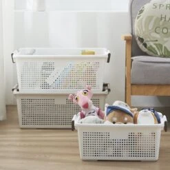 HANAMYA Stackable Storage Basket Organizer With Handle 20 Liter White (Set Of 4) -Cymax Sales 2461552 5 L