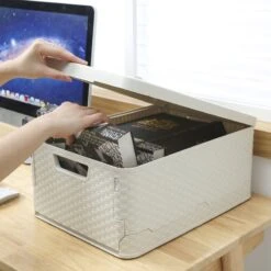 HANAMYA Folding And Stackable Storage Bin With Lid 30 Liter In Beige (Set Of 3) -Cymax Sales 2461555 3 L