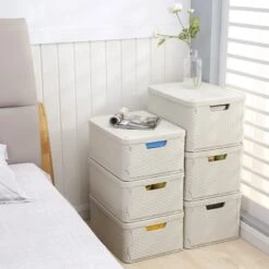 HANAMYA Folding And Stackable Storage Bin With Lid 30 Liter In Beige (Set Of 3) -Cymax Sales 2461555 4 L