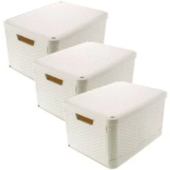 HANAMYA Folding And Stackable Storage Bin With Lid 30 Liter In Beige (Set Of 3)