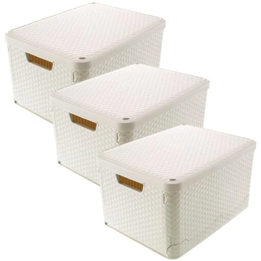 HANAMYA Folding And Stackable Storage Bin With Lid 30 Liter In Beige (Set Of 3) -Cymax Sales 2461555 L