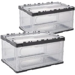 HANAMYA Folding & Stackable Storage Bin With Lid 45 Liter Clear/Gray (Set Of 2)