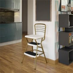 COSCO Stylaire Retro Chair + Step Stool With Flip-Up Seat In Gold And Cream 23 COSCO Stylaire Retro Chair + Step Stool With Flip-Up Seat In Gold And Cream -Cymax Sales 2474470 10 L