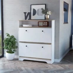 FM FURNITURE Brandford 2-Shelf Engineered Wood Shoe Rack In Light Oak/White -Cymax Sales 2503142 2 L 1