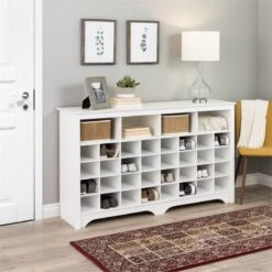 Trent Home Engineered Wood 36 Cubby Versatile Wooden Shoe Cubby Console In White -Cymax Sales 2504475 11 L