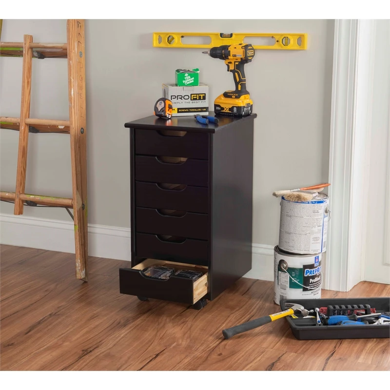 Pemberly Row Mid Century Six Drawer Wood Rolling Storage Cart In Black 4 Pemberly Row Mid Century Six Drawer Wood Rolling Storage Cart In Black - Image 4