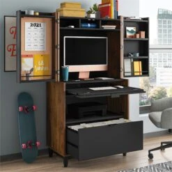 Sauder Harvey Park Engineered Wood Computer Cabinet In Walnut -Cymax Sales 2570429 4 L
