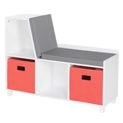 RiverRidge Book Nook Wood Kids Storage Bench With Cubbies In White/Coral