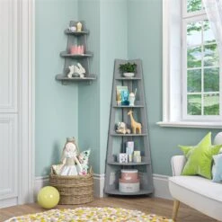 RiverRidge 5-Tier Transitional Wood Kids Corner Ladder Shelf In Gray -Cymax Sales 2597732 5 L
