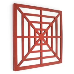 Wooden Wall Decor With Concentric Square Design On Top Red And Silver