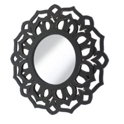 Wooden Mirror Blooming Lotus Wall Decor With Floral Engraving Black