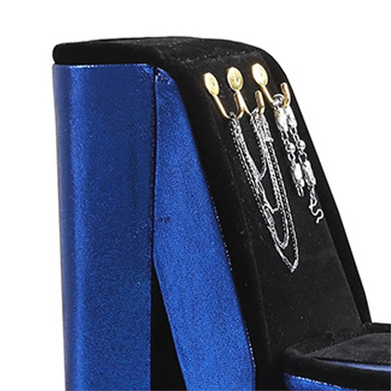 Benzara Wood & Velvet High Heel Shoe Jewelry Box With 3 Hooks In Blue 3 Benzara Wood & Velvet High Heel Shoe Jewelry Box With 3 Hooks In Blue - Image 3