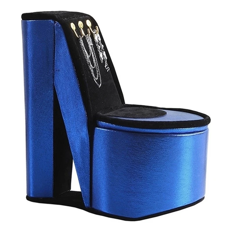 Benzara Wood & Velvet High Heel Shoe Jewelry Box With 3 Hooks In Blue 1 Benzara Wood & Velvet High Heel Shoe Jewelry Box With 3 Hooks In Blue