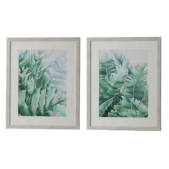 Wall Art With Painted Tropical Leaves Set Of 2 Gray And Green