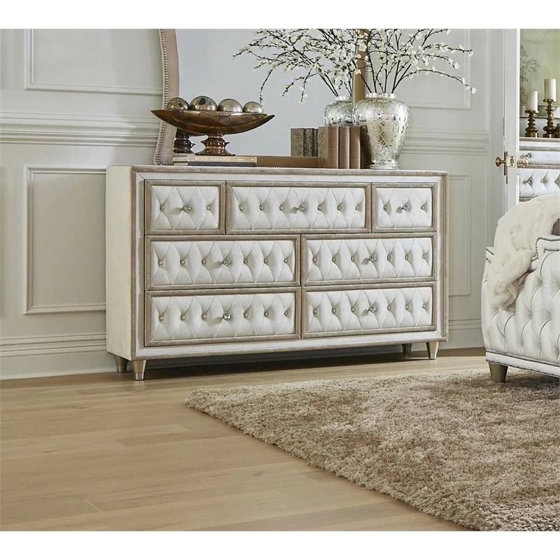 Coaster Antonella 7-Drawer Upholstered Velvet Dresser In Ivory And Camel 2 Coaster Antonella 7-Drawer Upholstered Velvet Dresser In Ivory And Camel - Image 2