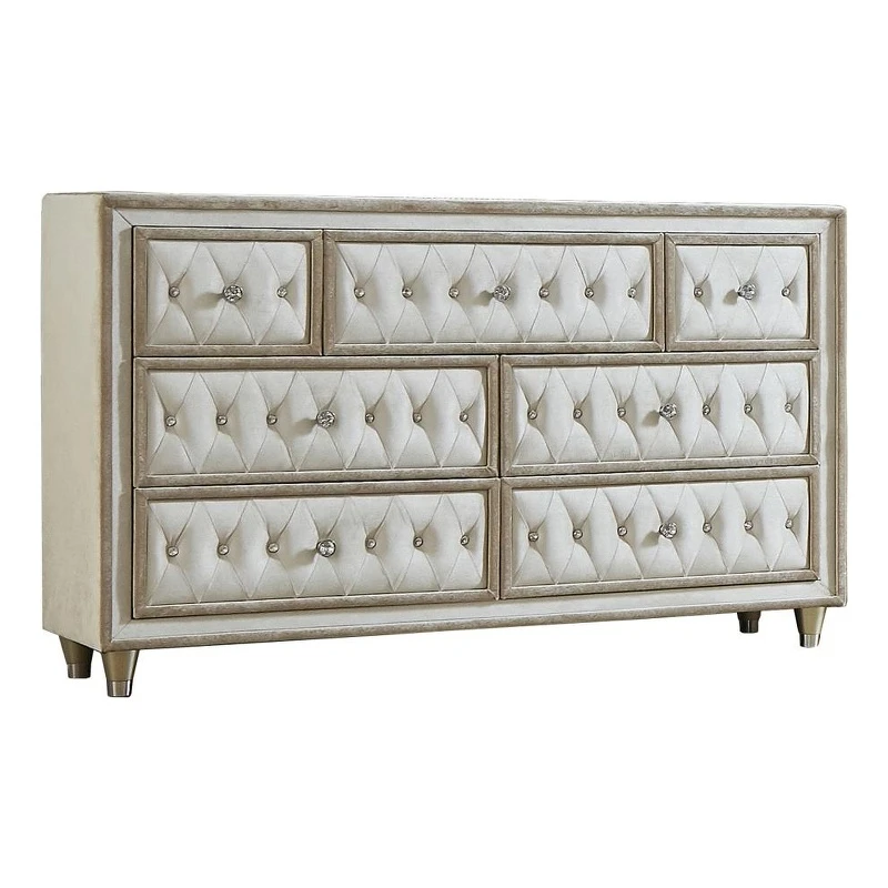 Coaster Antonella 7-Drawer Upholstered Velvet Dresser In Ivory And Camel 1 Coaster Antonella 7-Drawer Upholstered Velvet Dresser In Ivory And Camel