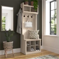 Woodland 24W Hall Tree And Shoe Bench In White Washed Maple - Engineered Wood -Cymax Sales 2767992 1 L