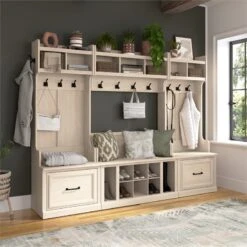 Woodland 24W Hall Tree And Shoe Bench In White Washed Maple - Engineered Wood -Cymax Sales 2767992 2 L